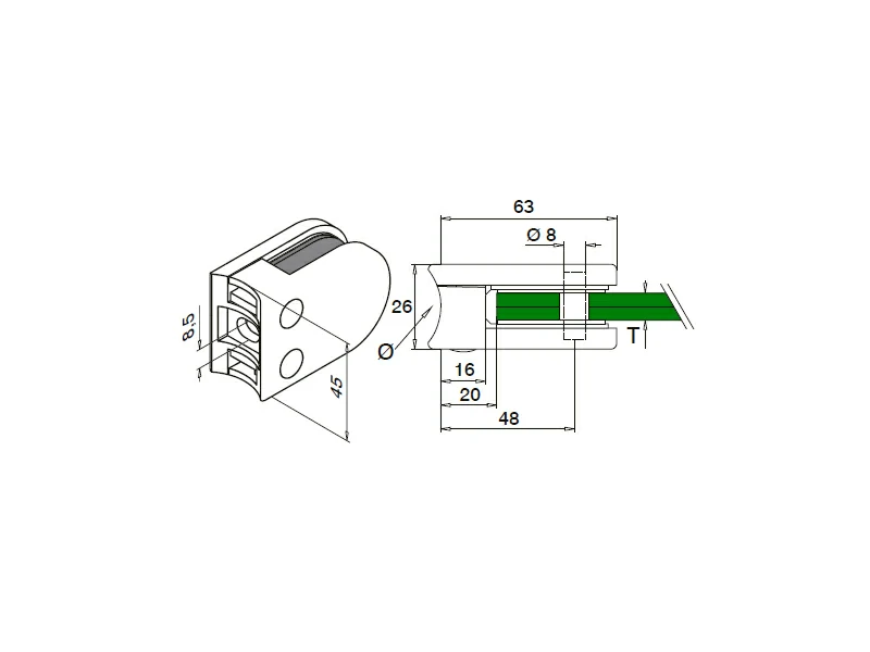 Glass Clamp D Type, Flat & Radius Back, 45x63mm Structure