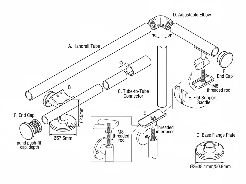 Detailed diagram of stainless steel handrail fittings including saddles, connectors, elbows, and end caps