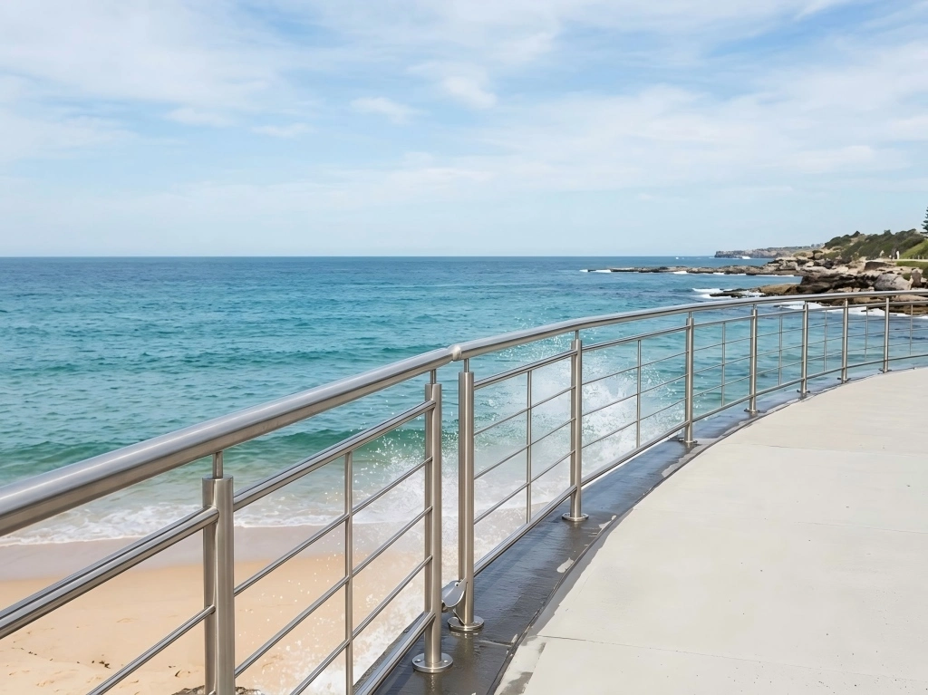 Corrosion-resistant stainless steel outdoor handrail installed along a coastal walkway