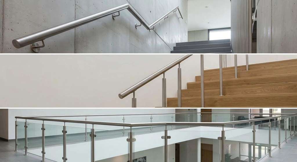 Comparison of wall-mounted, post-mounted, and glass-integrated stainless steel handrails